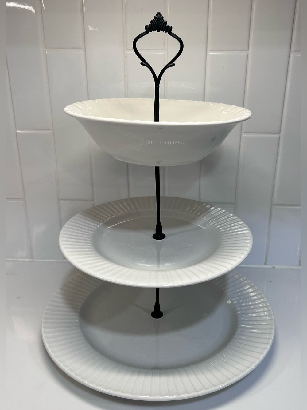 3 Tiered Dessert Stand Vintage Off White Plates With Black Connectors